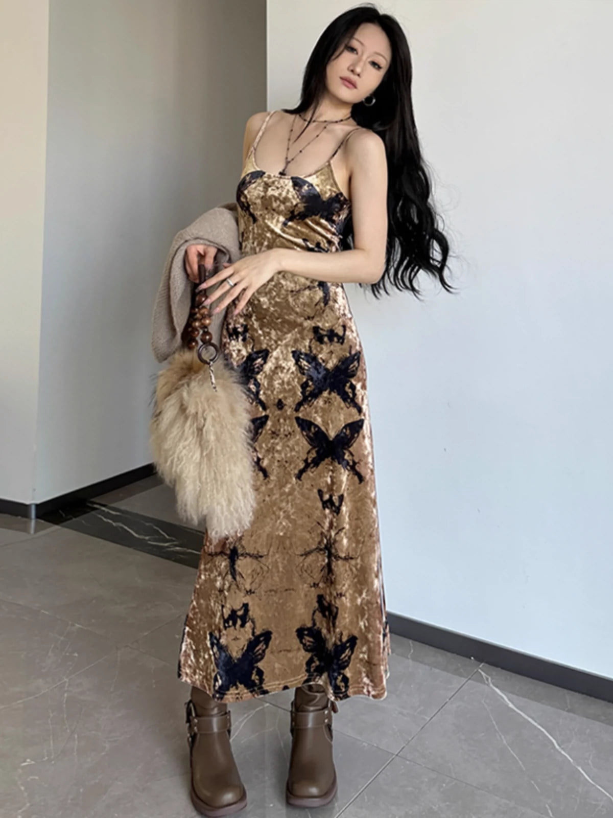 Fashion women's wear Wilderness Butterfly Printing Slip Dress 2024 Autumn New Hot Girl Sexy Slim Fit Slimming Sheath Dress