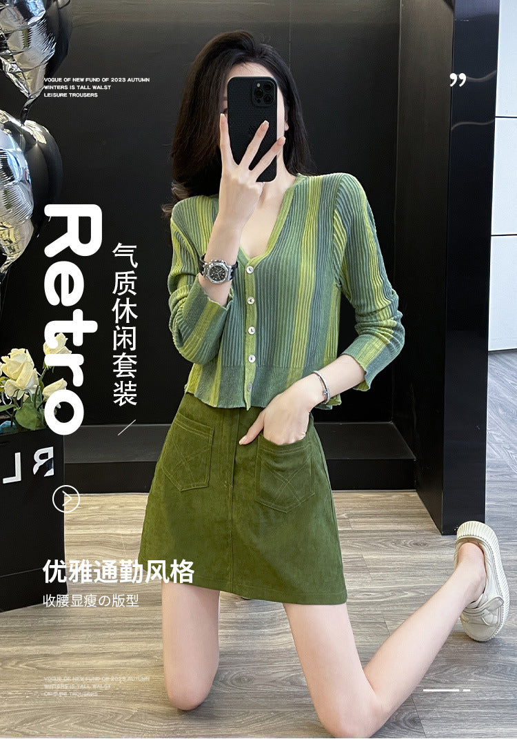 Dopamine dress Free shipping Tattoo Korean version of dopamine wear fashion temperament autumn new women's clothing knitted cardigan long sleeve green high waist short skirt tide