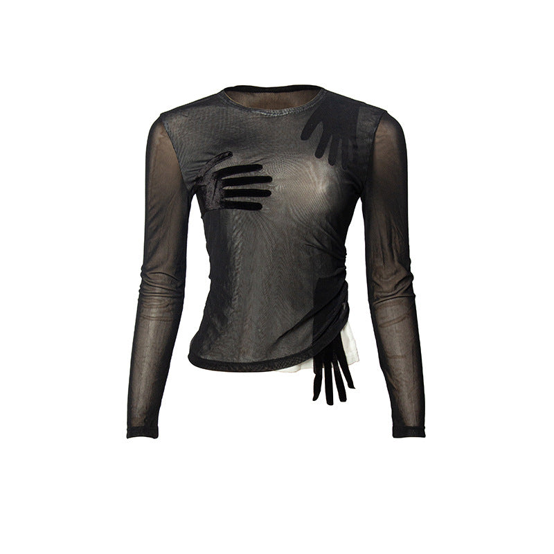 Free shipping  New Solid Color Mesh Splicing Velvet Palm Long Sleeve Perspective Navel Short tops