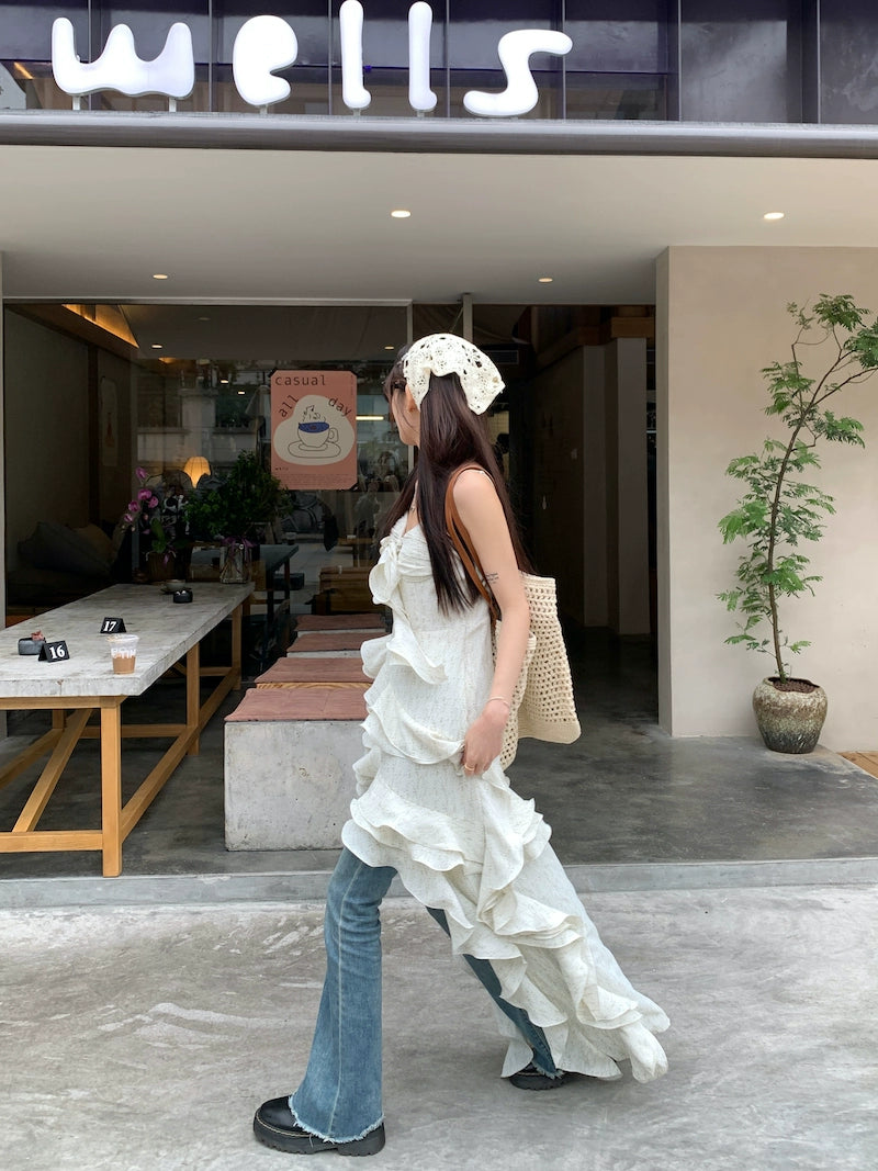 Fashion women's wear Tea Break French Irregular Ruffled Floral Strap Dress Women's Summer High-Grade Sense Beautiful Seaside Vacation Dress