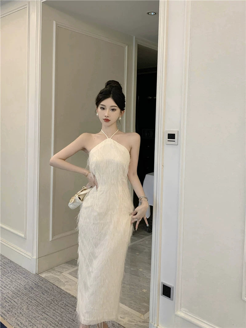 Fashion women's wear French Backless Tassel Halter Spaghetti Straps Dress Women's Spring Temperament Advanced Sexy Engagement License Birthday Party Formal Dress