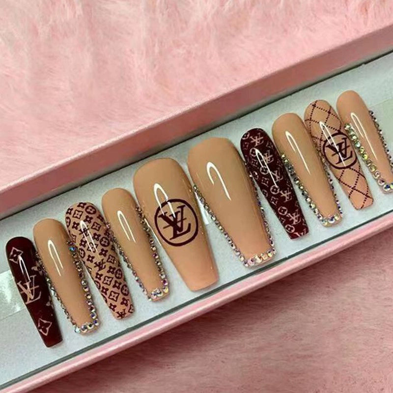 (Hand made nail) European and American Spicy Girl Super Long Instagram Dark Small Stand Retro Trapezoidal Shining Diamond Beauty False Nail Patch Detachable Wearable Nail