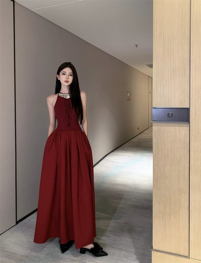 Fashion women's wear New Chinese Style Printed Sleeveless Dress Women's New Waist-Tight Elegant High-Grade Pettiskirt Autumn and Winter Formal Dress