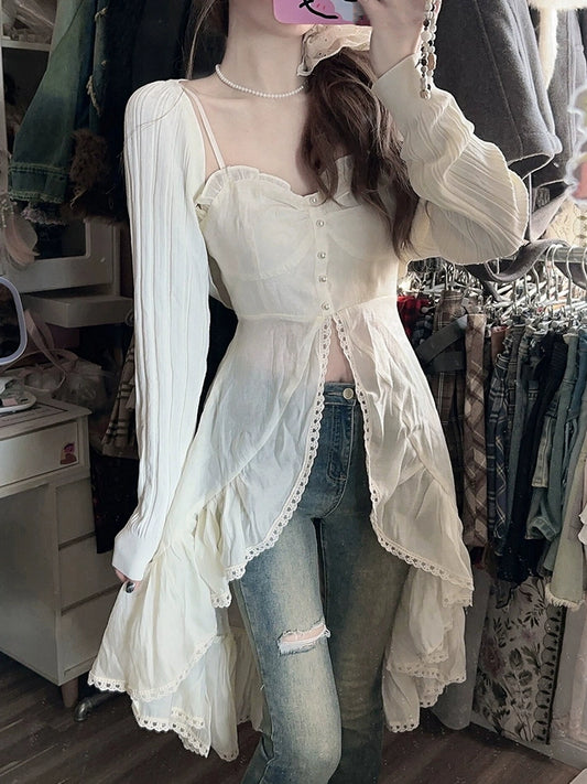 Fashion women's wear French Tea Break Gentle Ruffled Splicing Sling Dress Women's Spring 2024 New Long Sleeve Two-Piece Suit with a Shawl