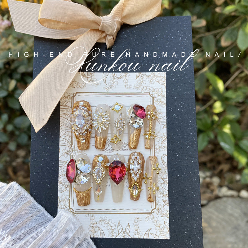 (Hand-Made Nail) Handmade Wear Nail Manicure Heavy Work Light Luxury Blue Star River Flash Diamond Ice Transparent Blooming Bow Hand Painted