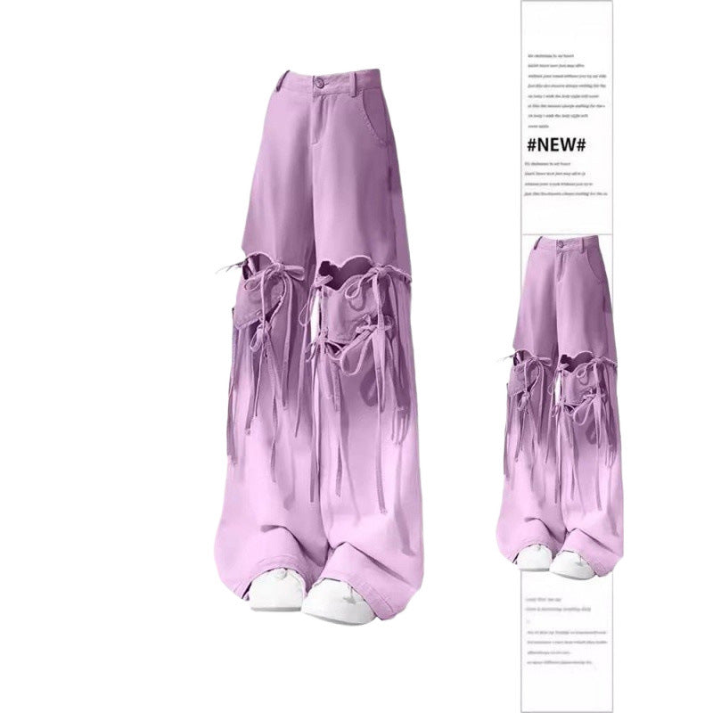 Free shipping   Dopamine wears purple ripped jeans for women's fat large size niche design sense loose and thin wide-leg pants
