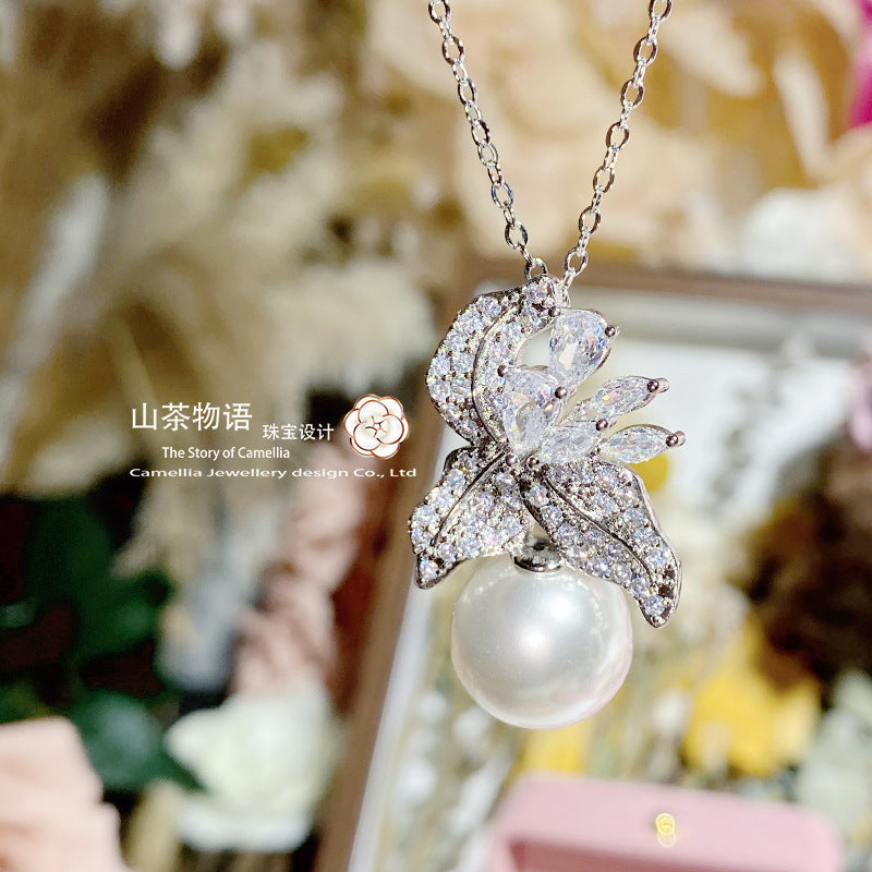 Camellia珠宝精工贝珠百搭套装女 镀金满锆小众花朵优雅澳白戒指