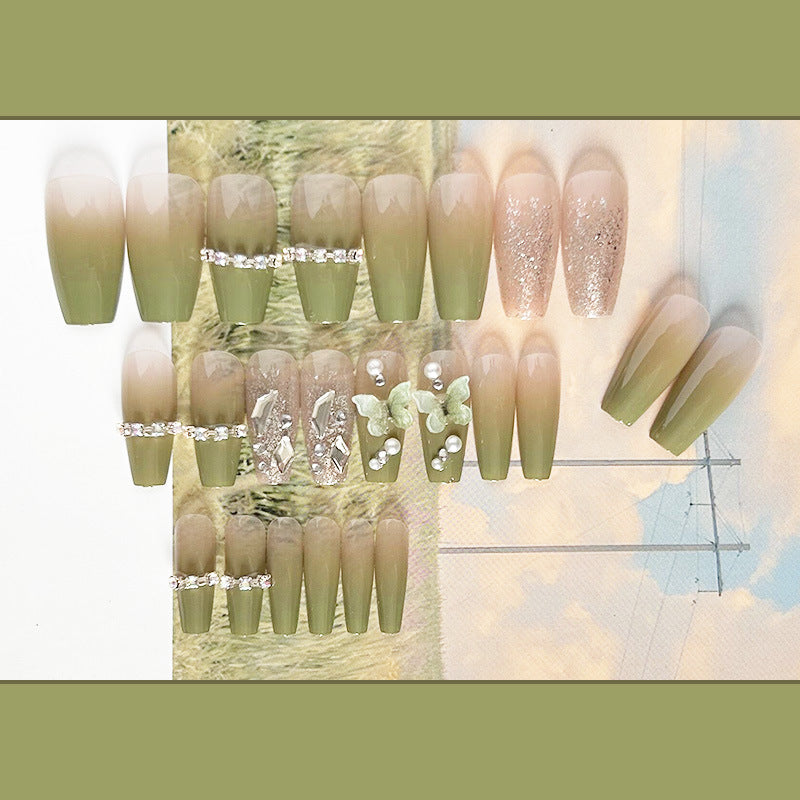 青提蝴蝶穿戴甲春夏指甲贴片温柔甲片半手工假指甲美甲贴片成品甲