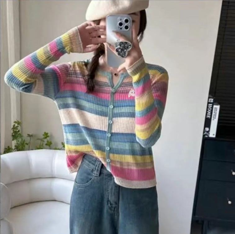 Dopamine tops Free shipping Tattoo Early autumn new striped versatile contrasting colors rainbow dopamine wear long-sleeved V-neck knitted sweater women
