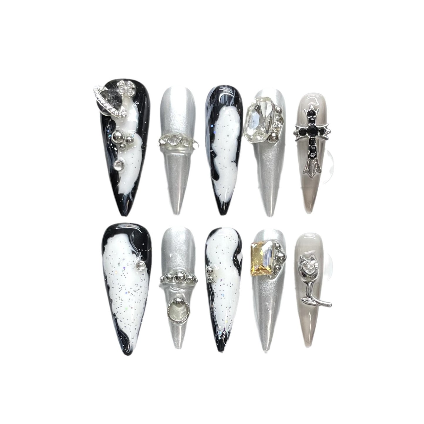 (reusable nail)Handmade Armor Wearing Fantasy Empress Dowager Xi, Silver White Silver Sparkling Spicy Girl Nail Beauty, European and American Cross border Foreign Trade, Long Pointed Nail