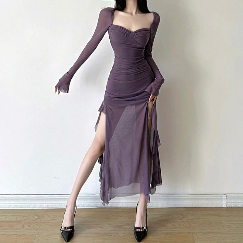 Free shipping   new women's clothing solid color slim-fitting high-waisted fashion square neck long-sleeved mesh dress tops
