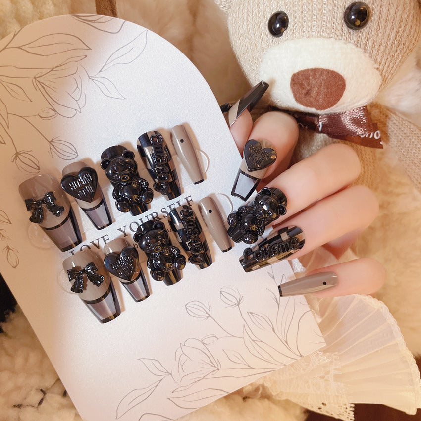 Fashion  nail New Manicure Wear Nail Pure Desire Style Cute Heart Bear Nail Patch Finished Wear Nail Nail Stickers U22