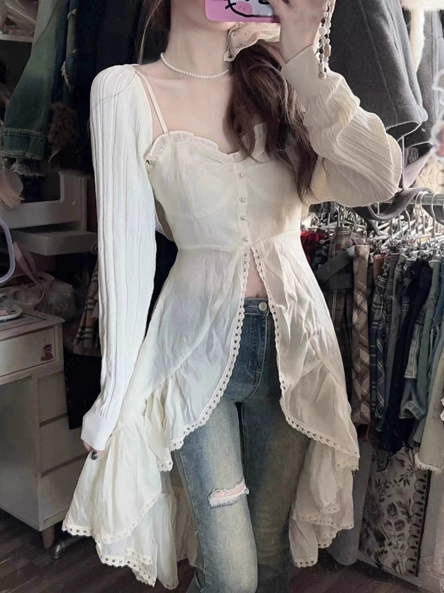 Fashion women's wear French Tea Break Gentle Ruffled Splicing Sling Dress Women's Spring 2024 New Long Sleeve Two-Piece Suit with a Shawl