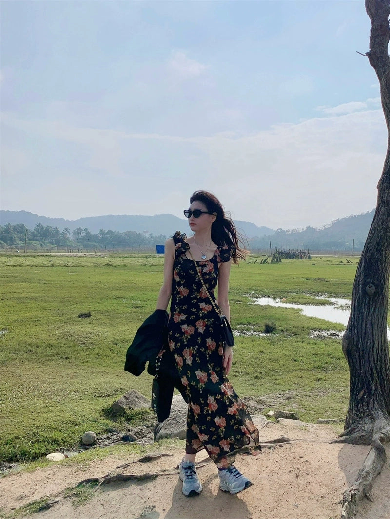 Fashion women's wear Tea Break French Floral Strap Dress Women's Summer Small Flounced Sleeve Tight Waist Fishtail Hip Skirt Seaside Holiday Beach Skirt