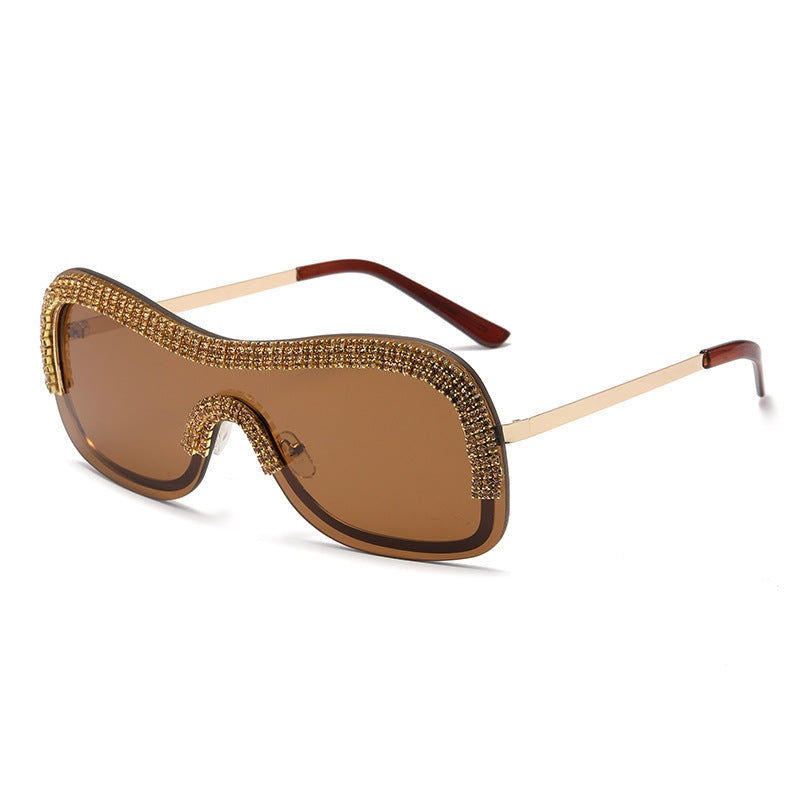 Women's fashion glasses 跨境新款镶钻太阳眼镜酷炫连体金属边朋克墨镜男欧美个性女搞怪