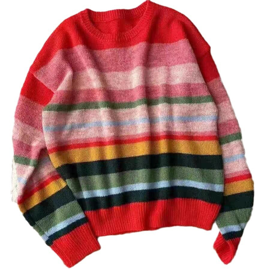 Dopamine tops Free shipping Tattoo 2024 autumn and winter new dopamine wear age-reducing rainbow knitted striped temperament soft waxy lazy wind loose sweater