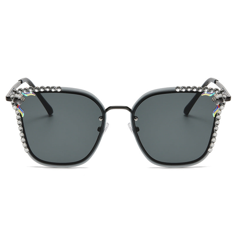 Women's fashion glasses 2023欧美猫眼镶钻摩登太阳镜金属半框时尚凹造型墨镜女士开车眼镜
