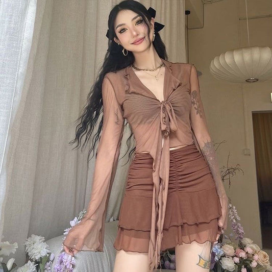Free shipping  Spice Girl Long Sleeve T-Shirt Women's New Wear V-Neck Perspective Strap Skinny Cardigan Flared Sleeve Short Top tops