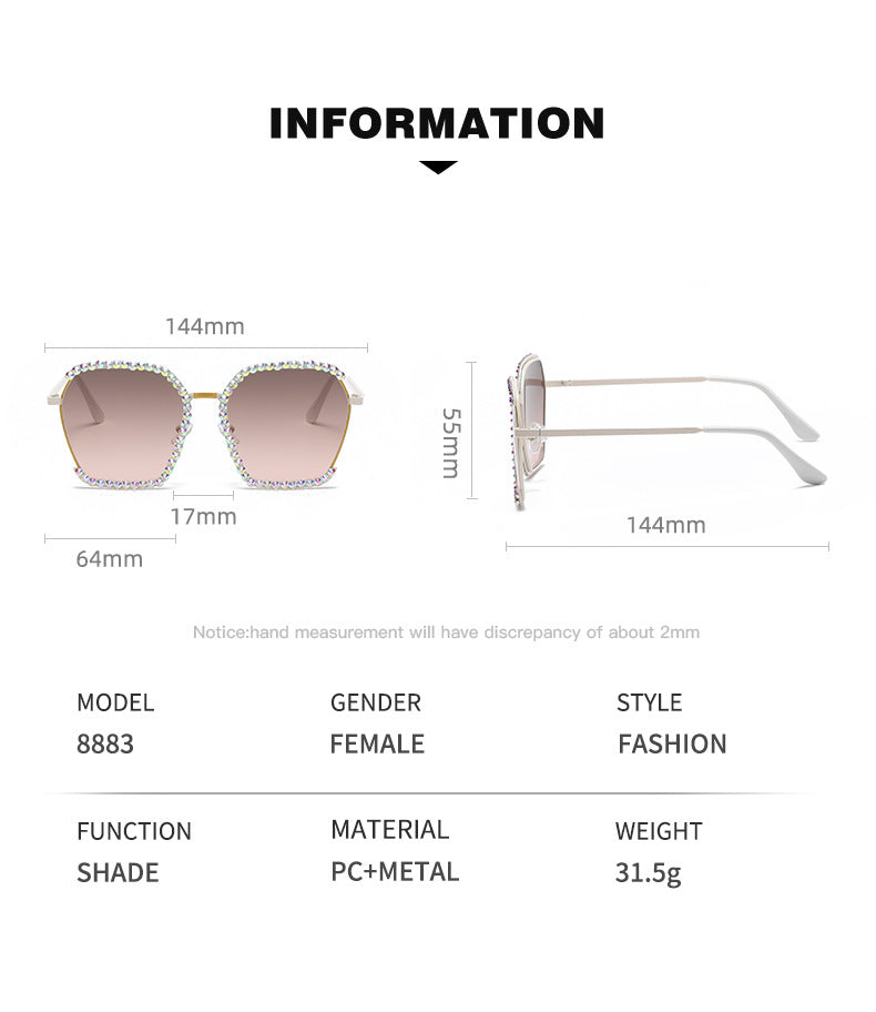 Women's fashion glasses 跨境新欧美镶钻大框太阳镜女高级感复古茶色墨镜显瘦韩版防晒眼镜