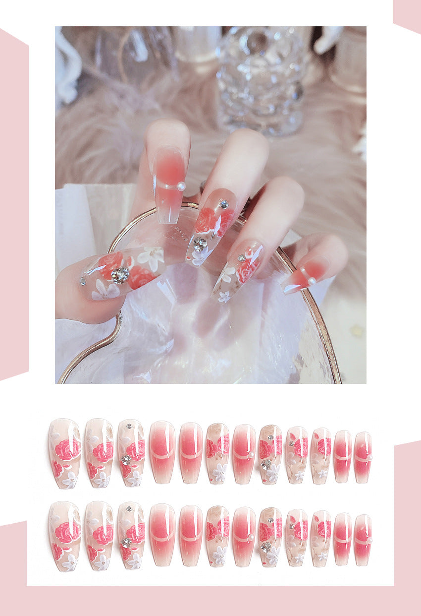 Fashion  nail New Rendering Flower Long Finished Nail Beauty Wearable Fake Nails Removable Nail Tip Wearable Armor X76