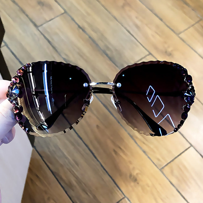 Women's fashion glasses 2021跨境网红ins墨镜女镶钻韩版潮个性水晶无框防紫外线太阳镜女