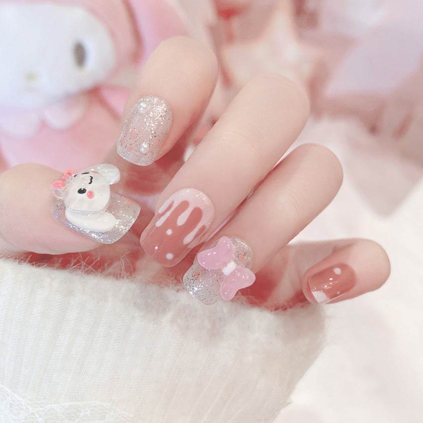 Fashion  nail Fake Nails Nail Stickers Cute Cinnamoroll Babycinnamoroll Bow Knot Wear Nail Finished Patch Wear Nail Wholesale A51