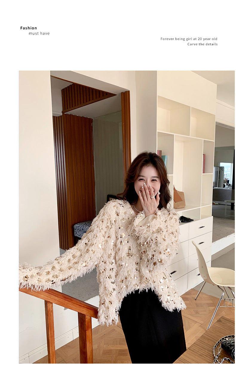 Fashion women's wear Real Shot Shiny Annual Meeting Festival Atmosphere Handmade Sequined Feather V-neck Sweater Spring Inner Wear Sweet Dress