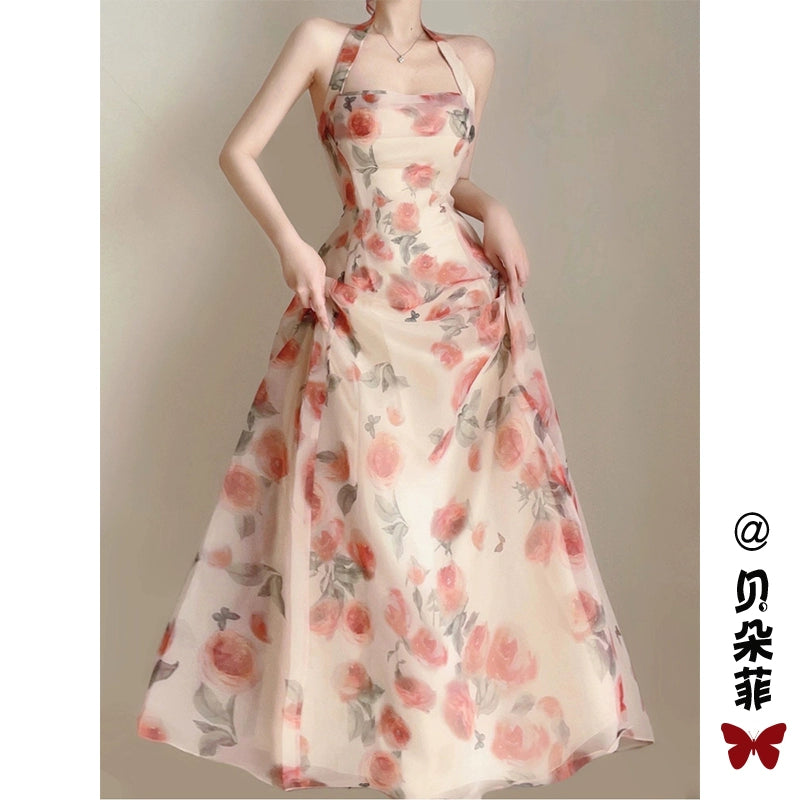 Fashion women's wear Tea Break French Style Backless Halter Suspenders Floral Dress Women's Early Spring Elegant High-Grade Dress