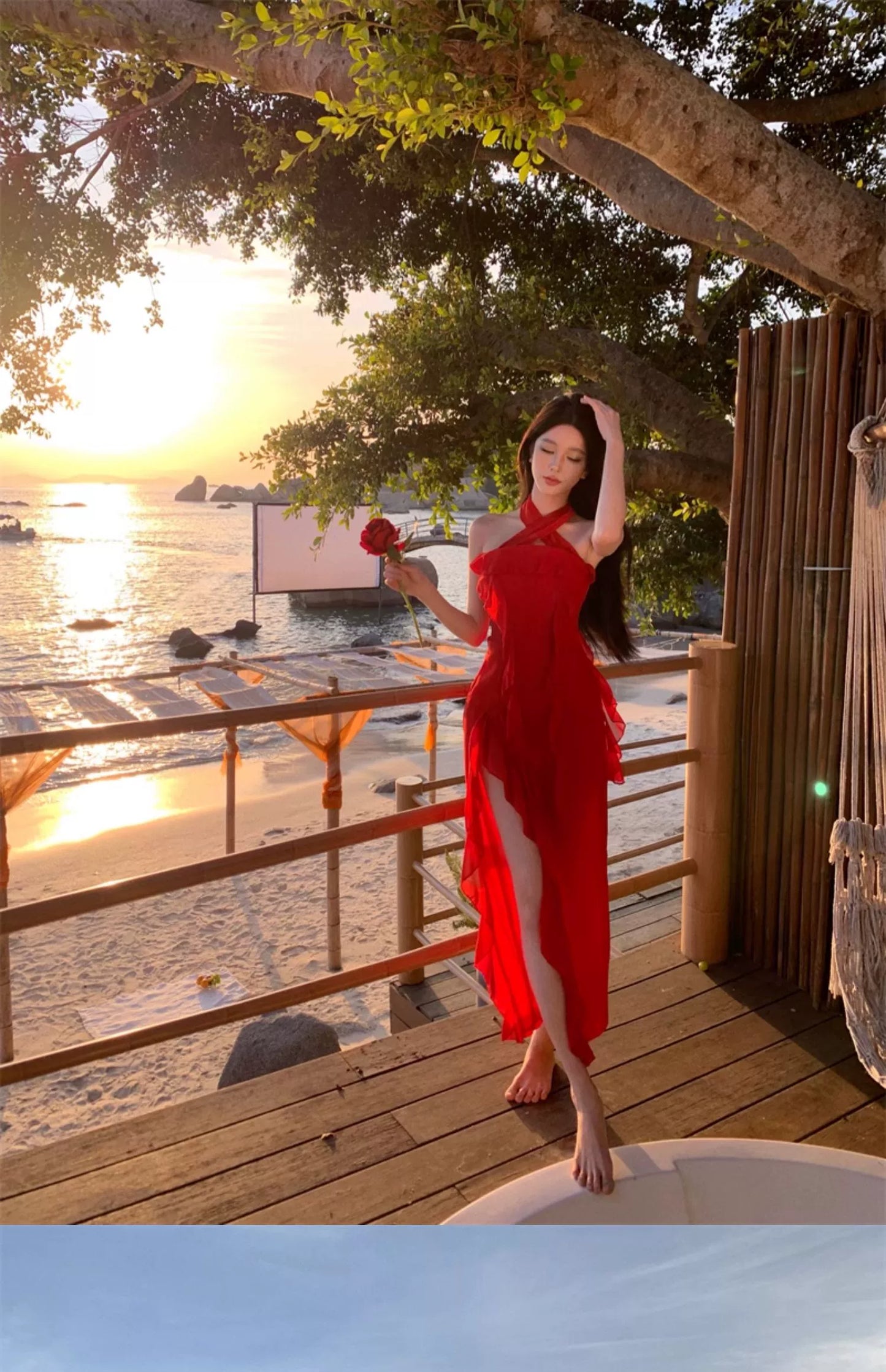Fashion women's wear French Irregular Red Halter Spaghetti Straps Dress Women's Senior Sexy Beautiful Dress Seaside Holiday Beach Dress