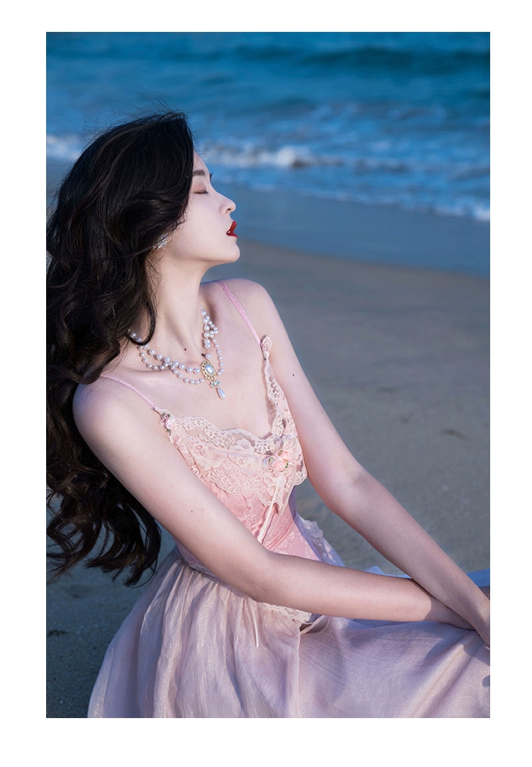 Fashion women's wear French Fried Street Tea Break Milk Sweet Escape Princess Dress Sweet Salt Pink Roses Pure Desire Beautiful Sling Dress