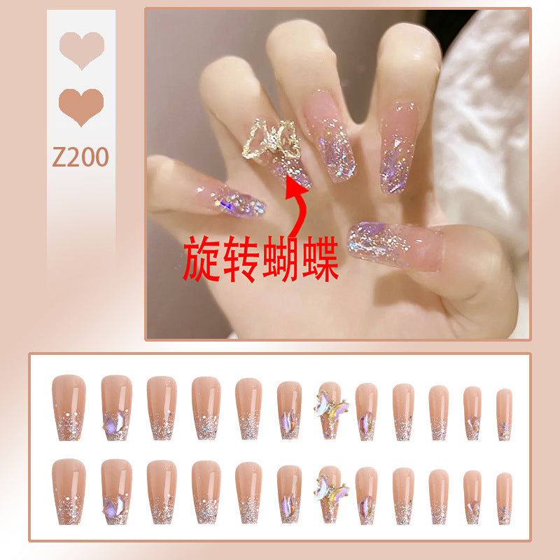 (Hand-Made Nail) Handmade Phototherapy Wearing Nail Wholesale Flash Phantom Purple Rotating Crystal Butterfly Wearable Nail Sticker Finished Nail Art
