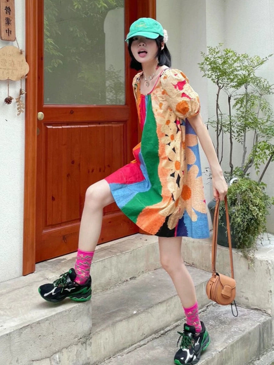 Dopamine dress Free shipping Tattoo Large Size Women's French Rainbow Stripe Dress Summer Fat MM Loose 150kg Skinny Dopamine Doll Dress