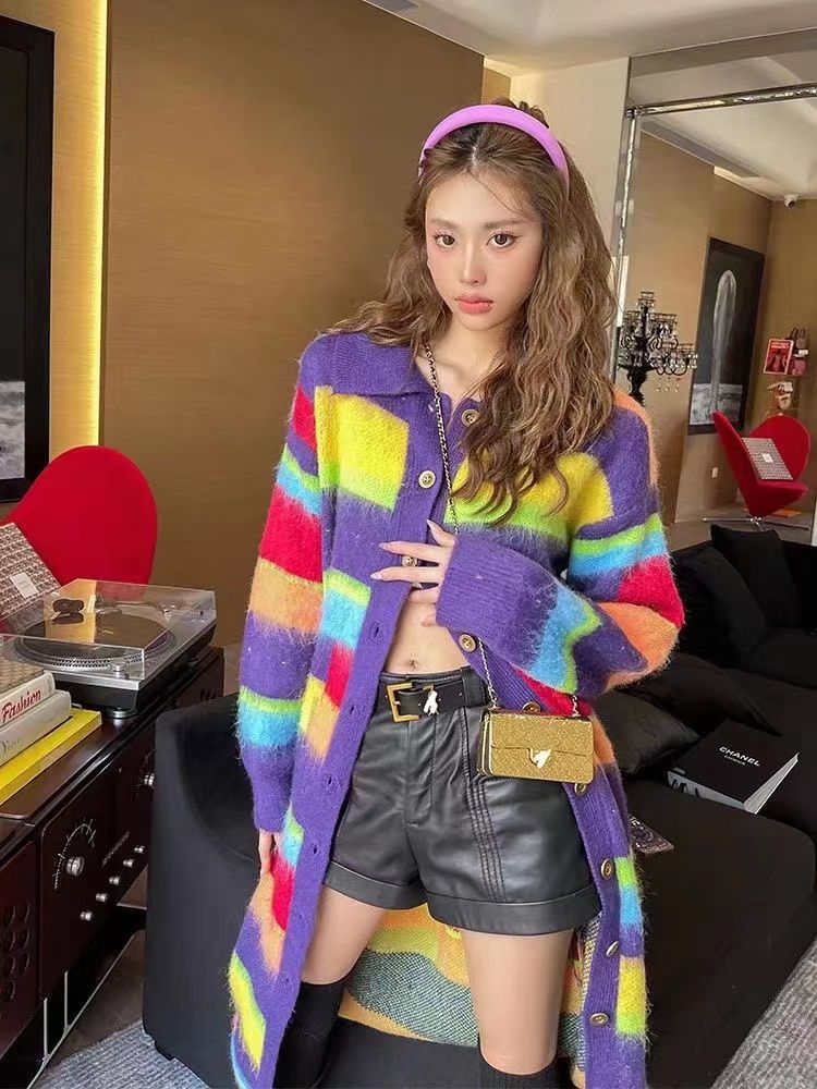 Dopamine tops Free shipping Tattoo 2023 new French long sweater skirt rainbow knitted dress high sense inside dopamine women autumn and winter