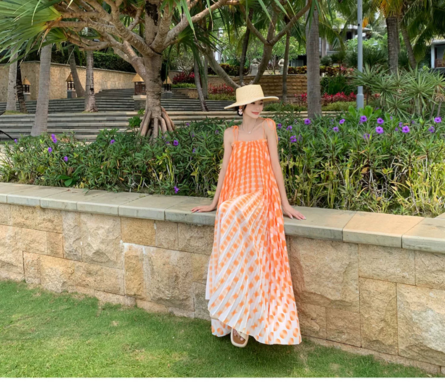 Fashion women's wear Tie-Dyed Floral Strap Dress Women's Summer French off-Shoulder Dopamine Sanya Seaside Vacation Beach Long Skirt