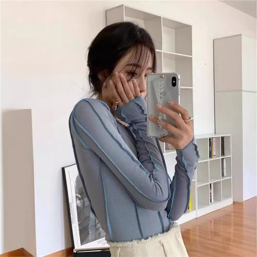 Free shipping women's clothing bright line niche design solid color base T-shirt versatile and thin long sleeves tops