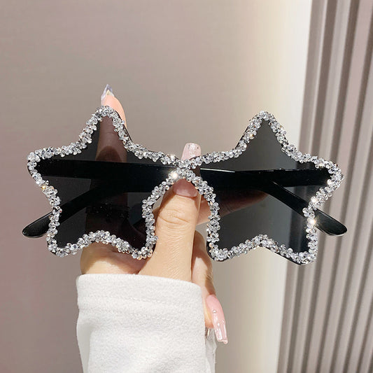 Women's fashion glasses 欧美新款五角星跨境镶钻无框太阳镜女时尚个性拍照墨镜夸张舞会