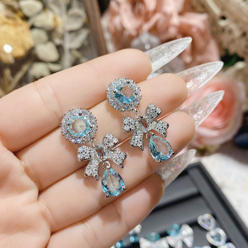 山茶湖光水影海蓝宝石系列耳环 星河璀璨镀18K精致爱心蝴蝶结耳钉