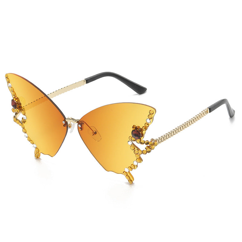 Women's fashion glasses 跨境2023新款蝴蝶形状镶钻无框太阳镜女时尚个性夸张墨镜欧美网红