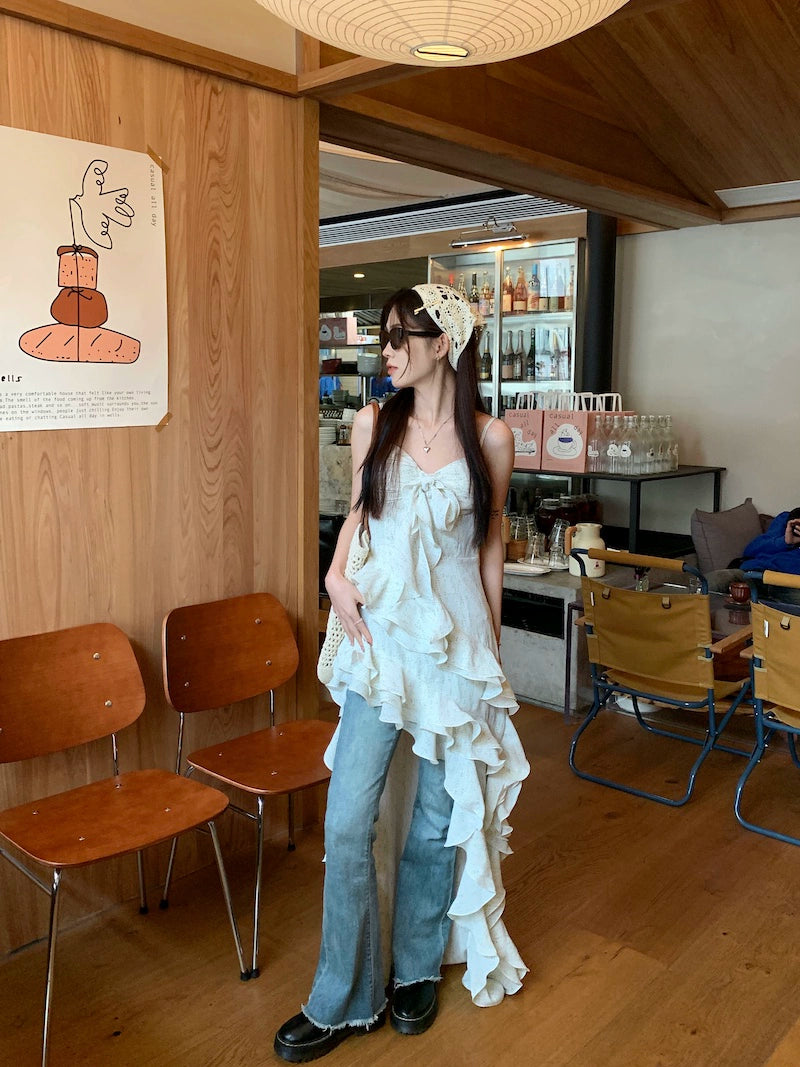 Fashion women's wear Tea Break French Irregular Ruffled Floral Strap Dress Women's Summer High-Grade Sense Beautiful Seaside Vacation Dress
