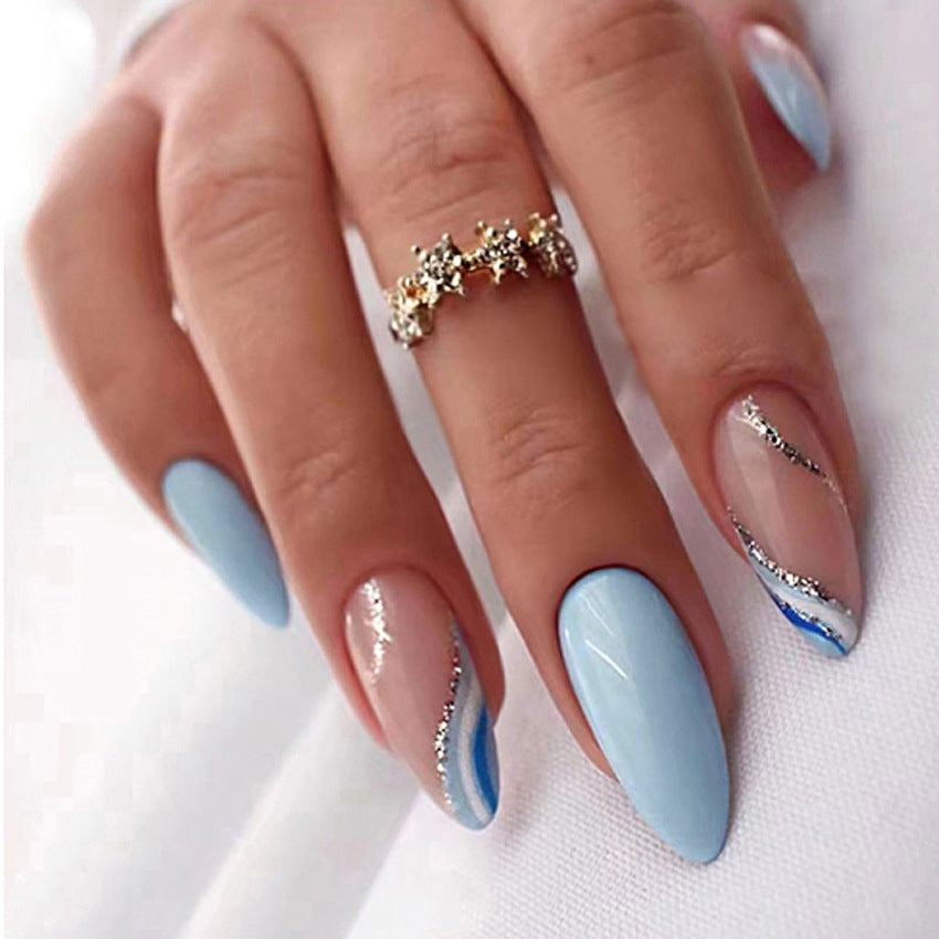 Fashion  nail Almond Simple Corrugated Sea Blue White Color Matching French Spring and Summer New Fresh Pure Want to Wear Nail Polish Piece W12