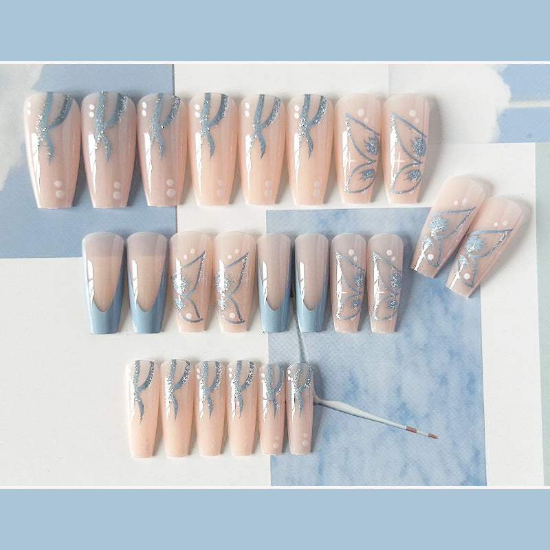 翩翩蓝蝶穿戴甲丝带nails 法式跨境美甲片外贸假指甲长甲美甲贴片