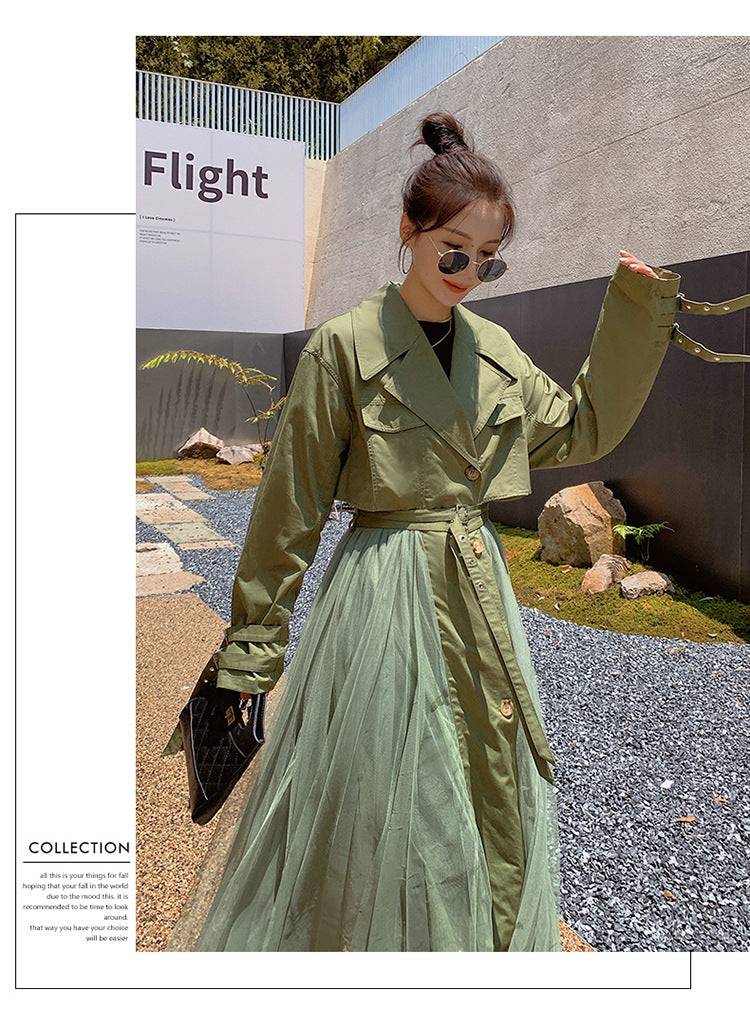 Fashion women's wear A Large Number of in Stock 2024   Purpleflower Holly Leaf Spring and Autumn Trench Coat Women's French Mesh Stitching Casual Temperament Coat