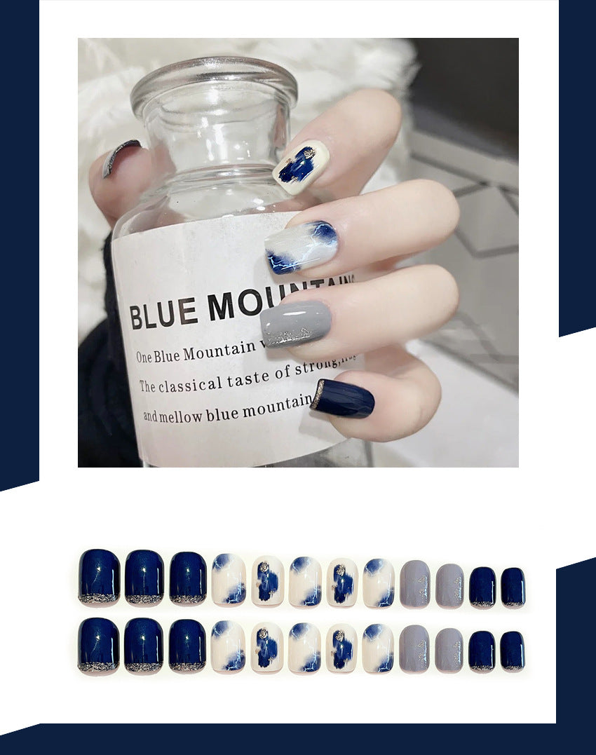 Fashion  nail Pure Desire Fake Nail Patch Blue Marbling Finished Nail Beauty False Nails Removable Nail Tip Wear Nail X105