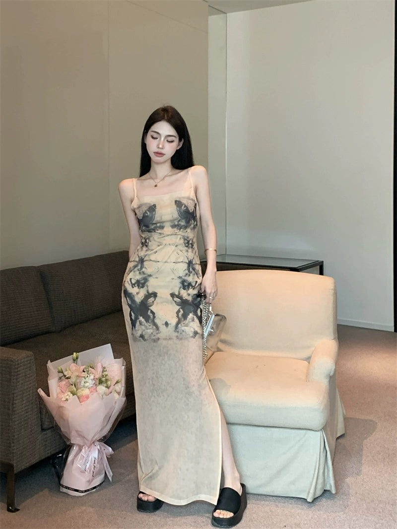 Fashion women's wear Women's French-Style Tie-Dyed Printed Suspender Dress Summer Elegant Waist Slimming Sexy Sheath A- line Dress for Hot Girls