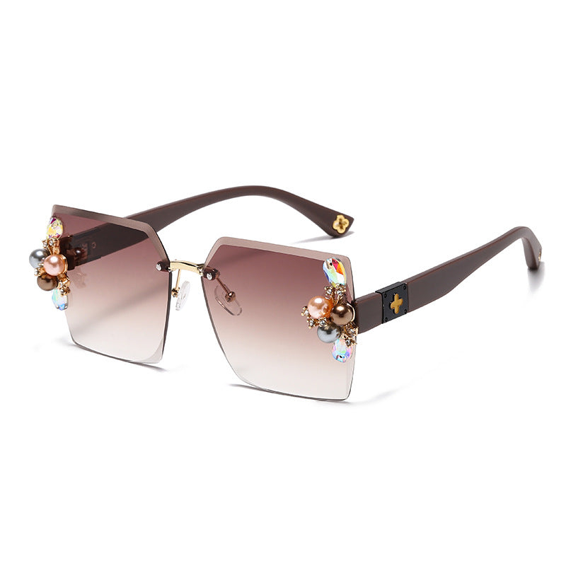 Women's fashion glasses 2023跨境无框切边镶珍珠太阳镜女防紫外线墨镜夏季防晒高级感显瘦