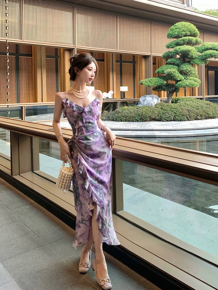 Fashion women's wear Purple Retro Irregular Yunnan Wear Travel Chiffon Floral Strap Dress Seaside Beach Skirt Summer