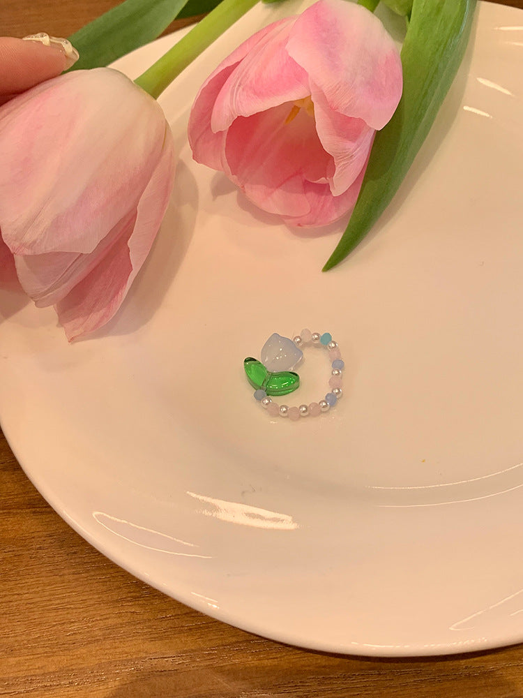 甜美小清新郁金香串珠戒指女小众设计时尚个性食指戒简约百搭配饰