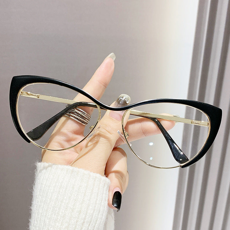 Women's fashion glasses 欧美辣妹墨镜超轻猫眼眼镜黑框女跨境素颜复古摩登防蓝光平光镜架