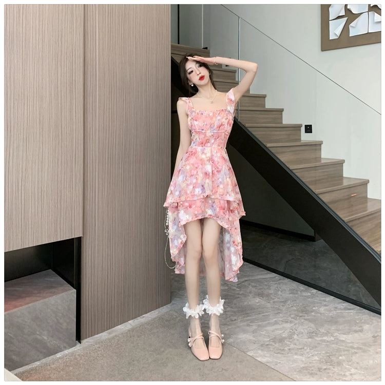Fashion women's wear Sexy Halter Strap Floral Dress Women's Summer Seaside Vacation Beach Fairy Dress Irregular Trailing Skirt