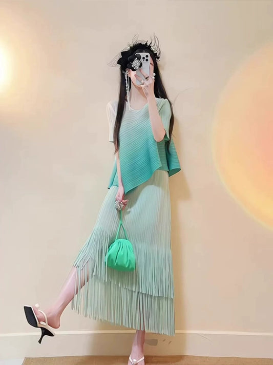 Dopamine dress Free shipping Tattoo summer dopamine wear beautiful fashion temperament socialite mint green gradual change top can be salt can be sweet suit skirt